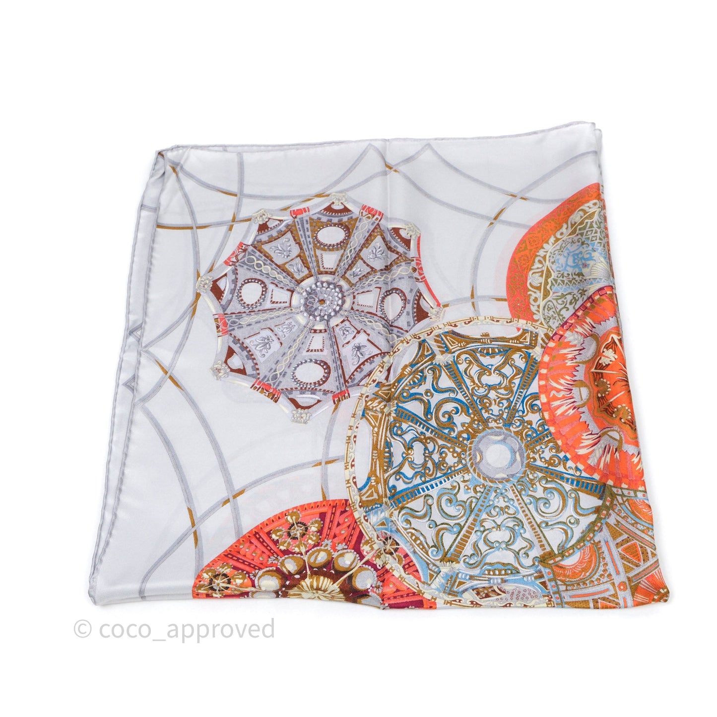 Hermes Les Domes Celestes Scarf 90 Gris Perles Orange Brun Silk Scarf