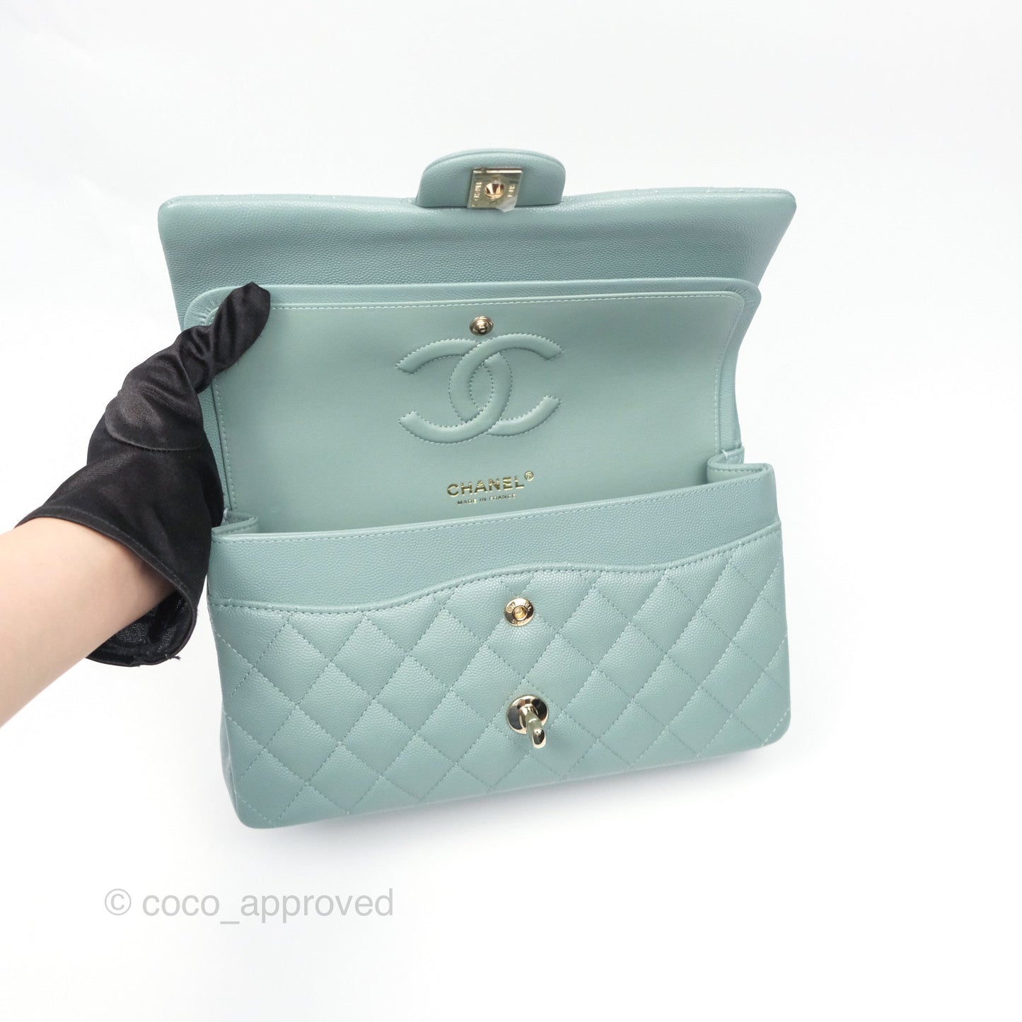 Chanel Classic M/L Medium Flap Quilted Tiffany Seafoam Green Caviar Gold Hardware