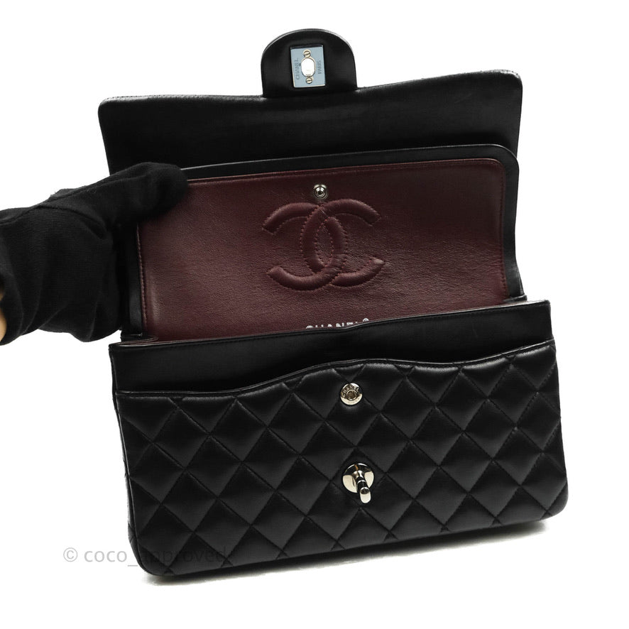 Chanel Classic M/L Medium Double Flap Black Lambskin Silver Hardware