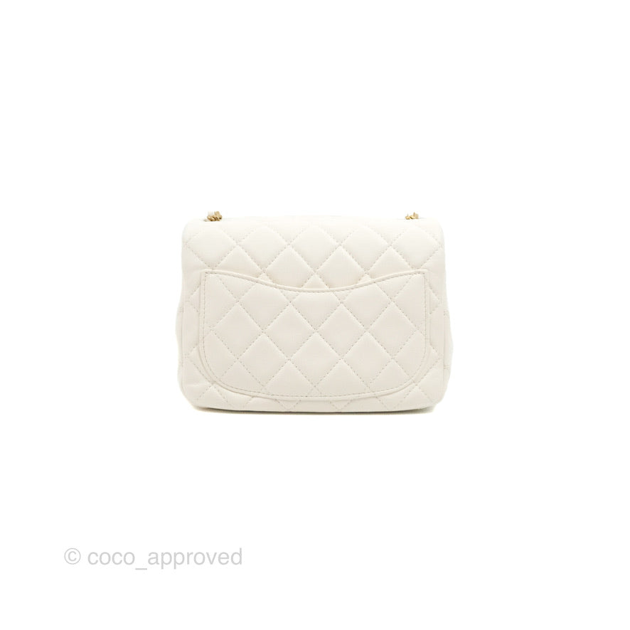 Chanel Mini Square Pearl Crush Quilted White Lambskin Aged Gold Hardware