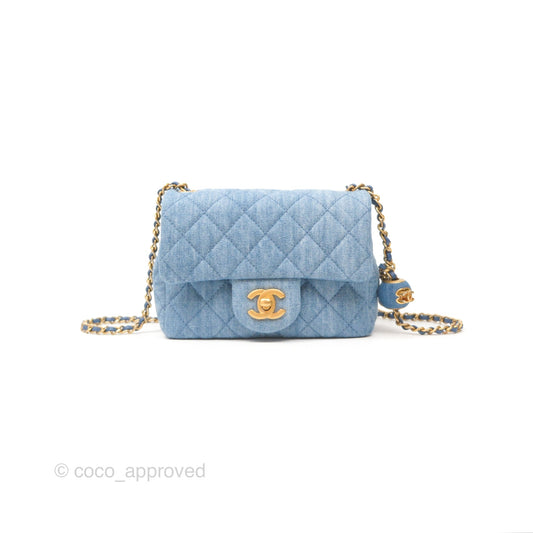 Chanel Mini Square Pearl Crush Quilted Denim Aged Gold Hardware