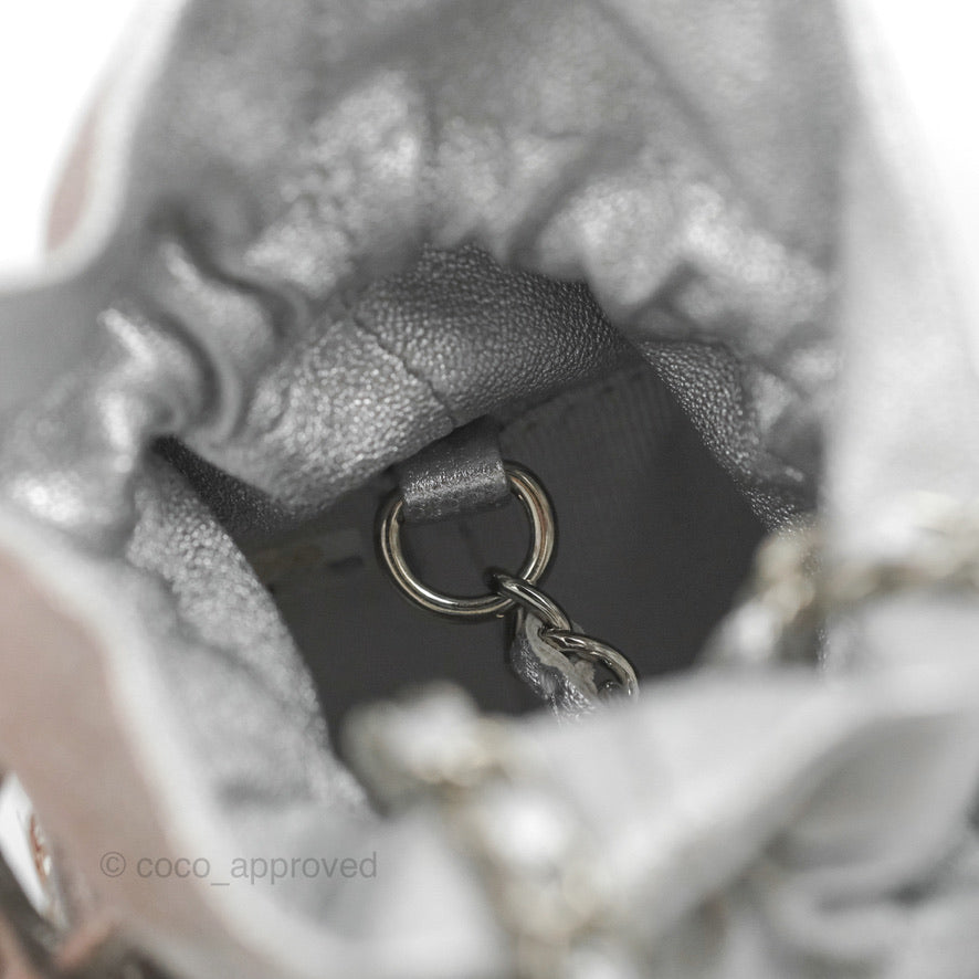 Chanel Mini Drawstring Bucket Bag with Chain Metallic Silver Calfskin Silver Hardware