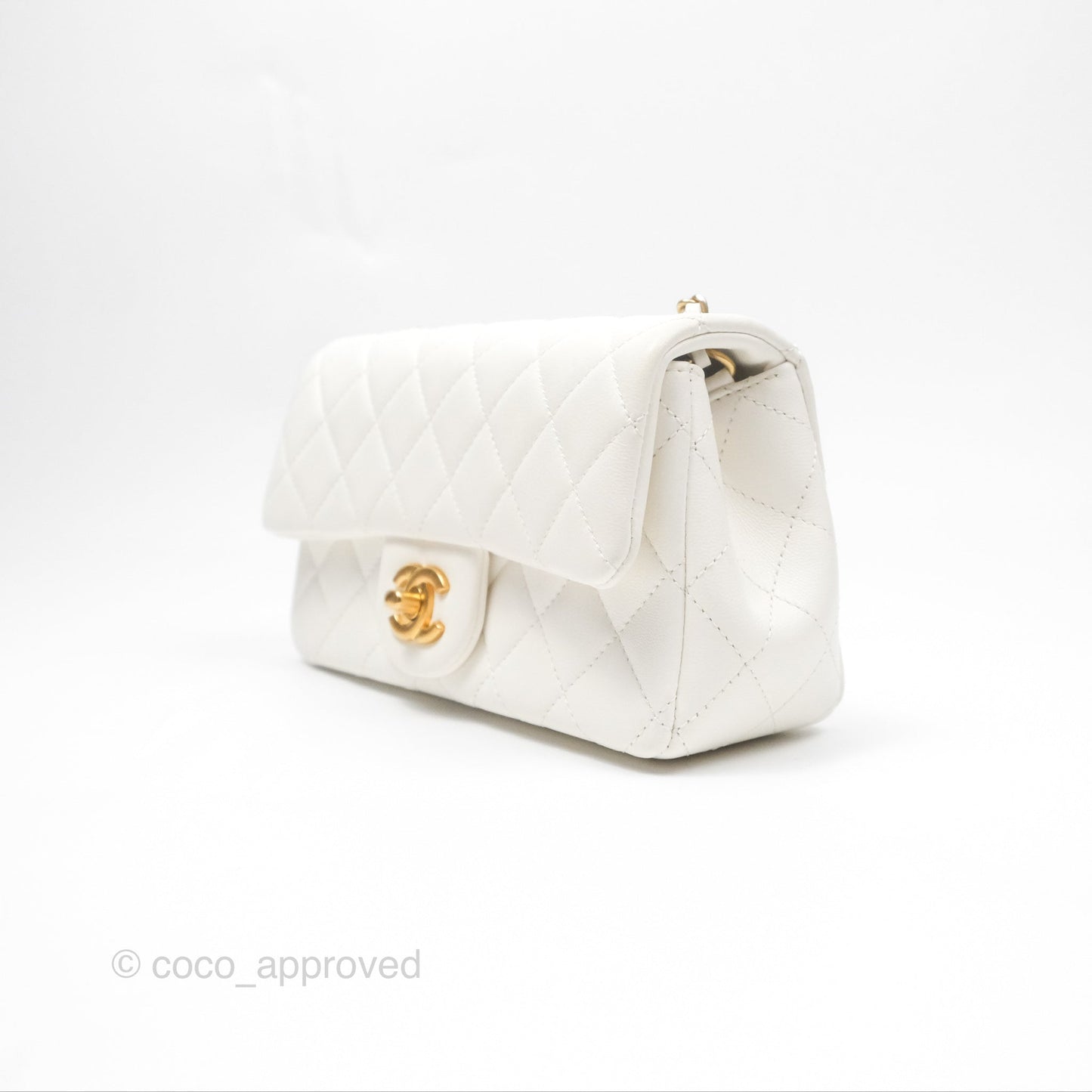 Chanel Mini Rectangular Pearl Crush Quilted White Lambskin Aged Gold Hardware