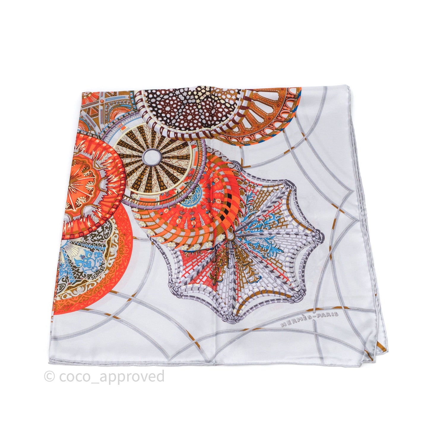 Hermes Les Domes Celestes Scarf 90 Gris Perles Orange Brun Silk Scarf