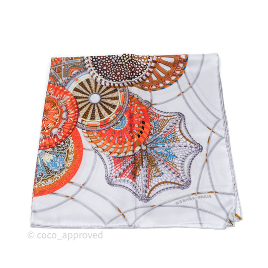 Hermes Les Domes Celestes Scarf 90 Gris Perles Orange Brun Silk Scarf