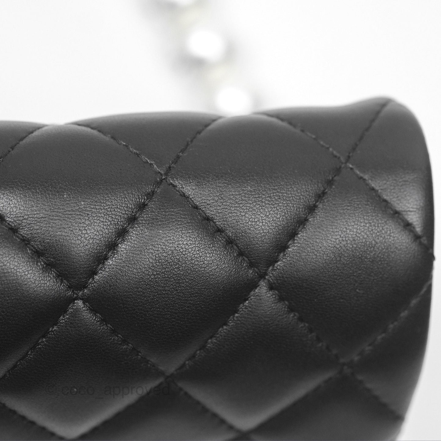 Chanel Logo Pearl Chain Flap Bag Black Lambskin Gold Hardware