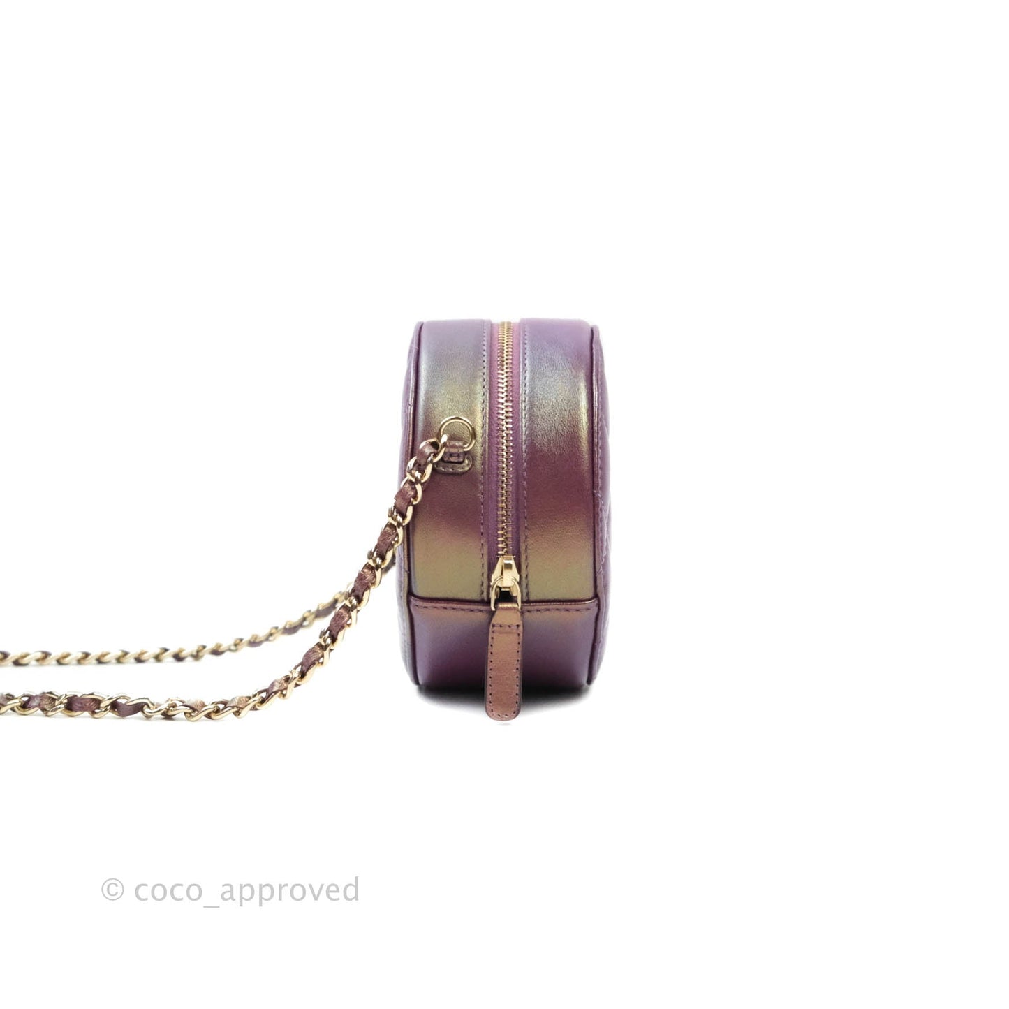 Chanel Classic Quilted Round Clutch With Chain Metallic Purple Lambskin Gold Hardware