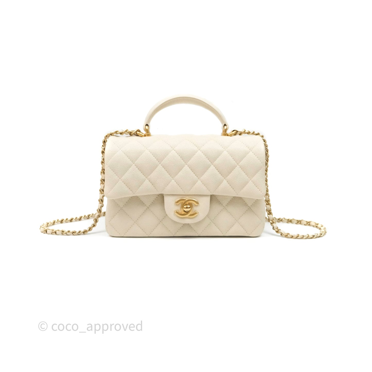 Chanel Top Handle Mini Rectangular Flap Ivory Caviar Aged Gold Hardware