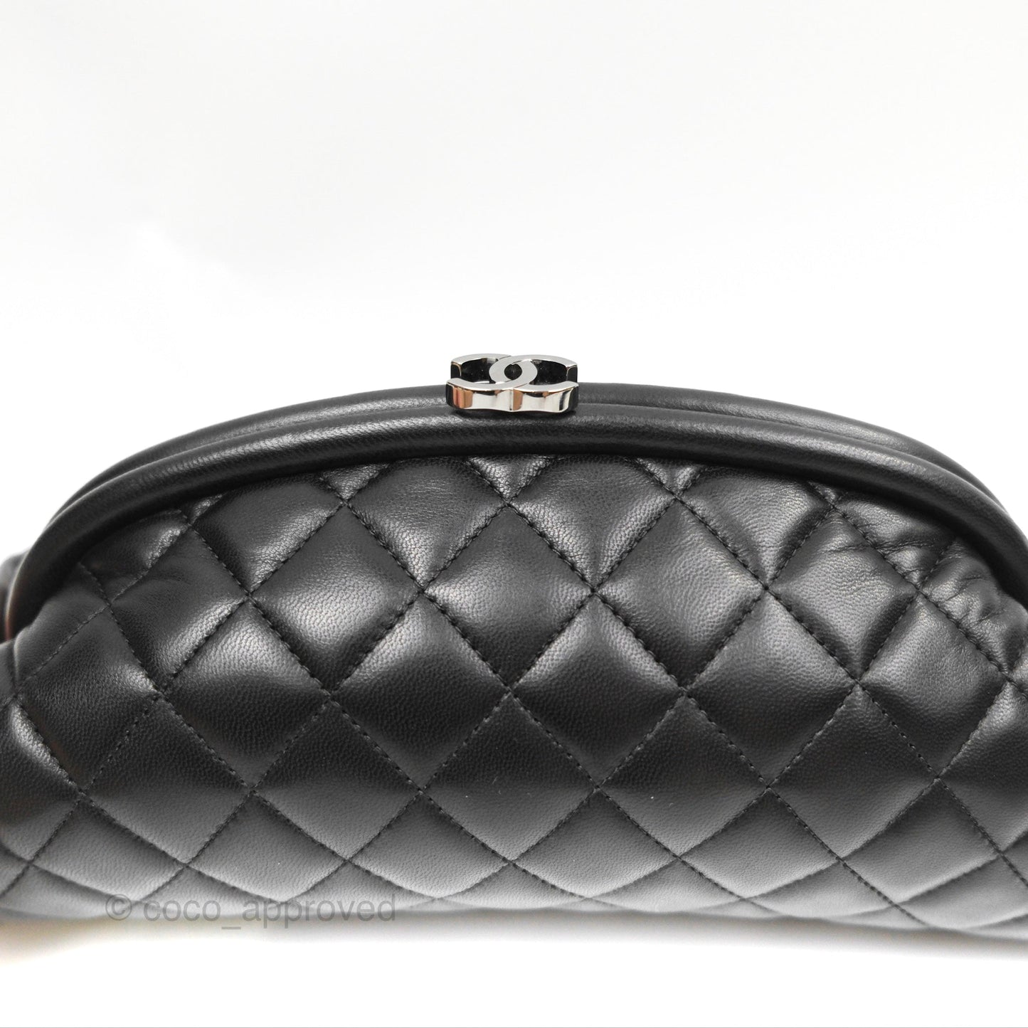 Chanel Quilted Timeless Kisslock Clutch Black Lambskin Silver Hardware