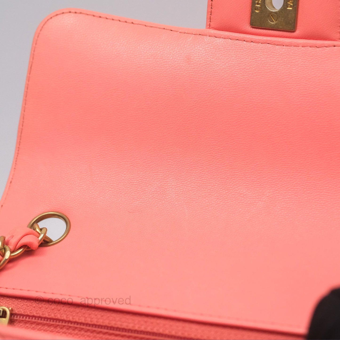 Chanel Chevron Mini Rectangular Flap Peach Pink Lambskin Aged Gold Hardware