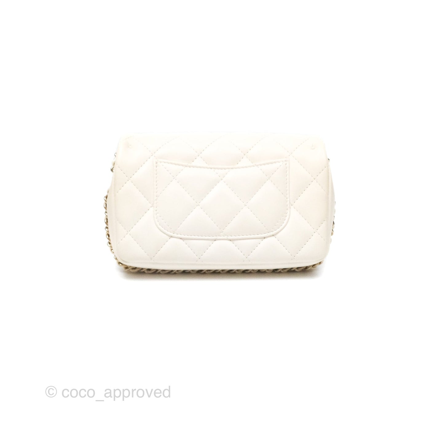 Chanel Small Logo Pearl Chain Flap Bag White Lambskin Gold Hardware