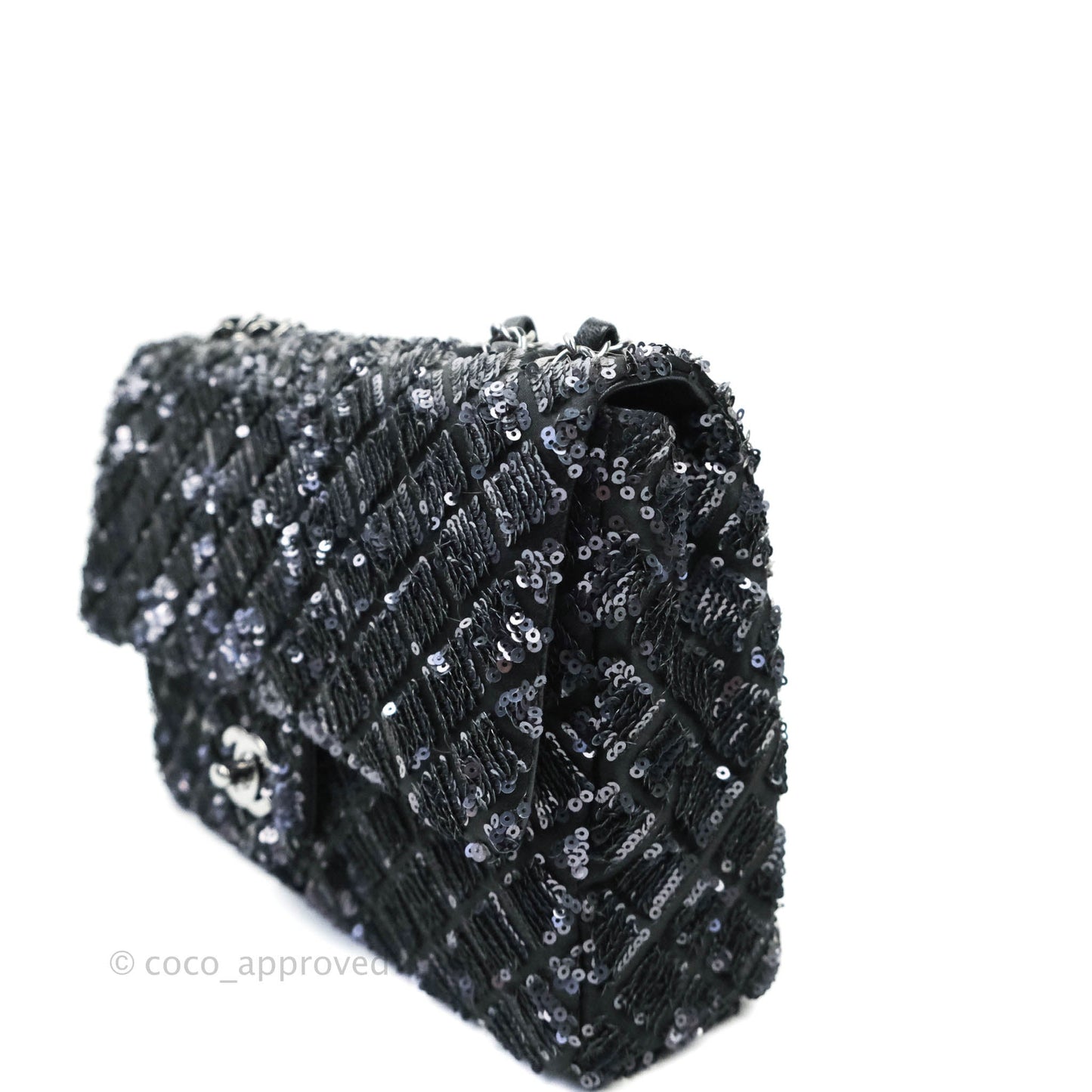 Chanel Quilted Medium Satin Sequin Single Flap Navy Black Gun Metal