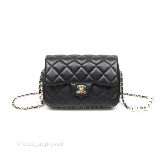 Chanel Logo Pearl Chain Flap Bag Black Lambskin Gold Hardware