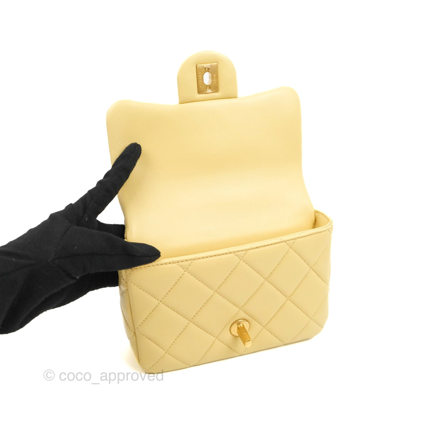 Chanel Enamel Quilted Pending CC Mini Square Flap Yellow Lambskin Aged Gold Hardware 22P