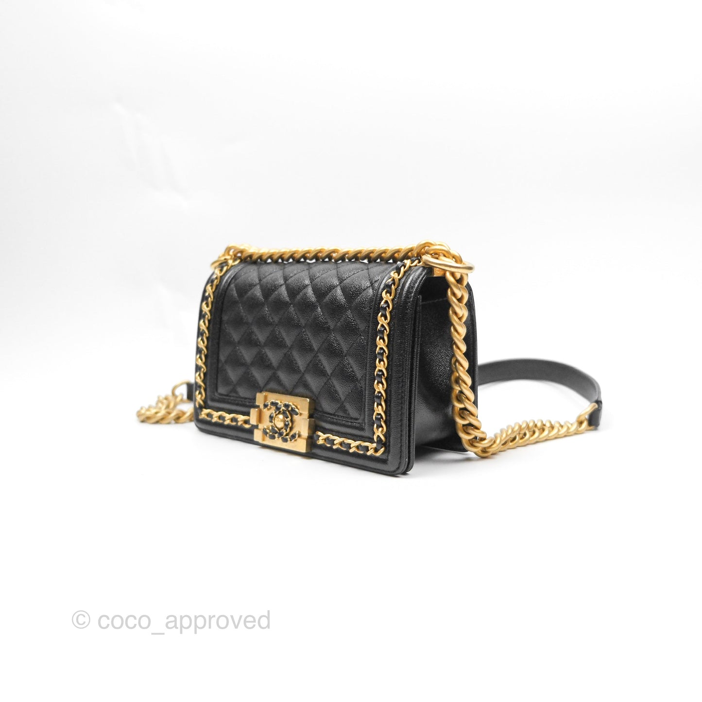 Chanel Small Chain Around Boy Quilted Black Caviar Aged Gold Hardware