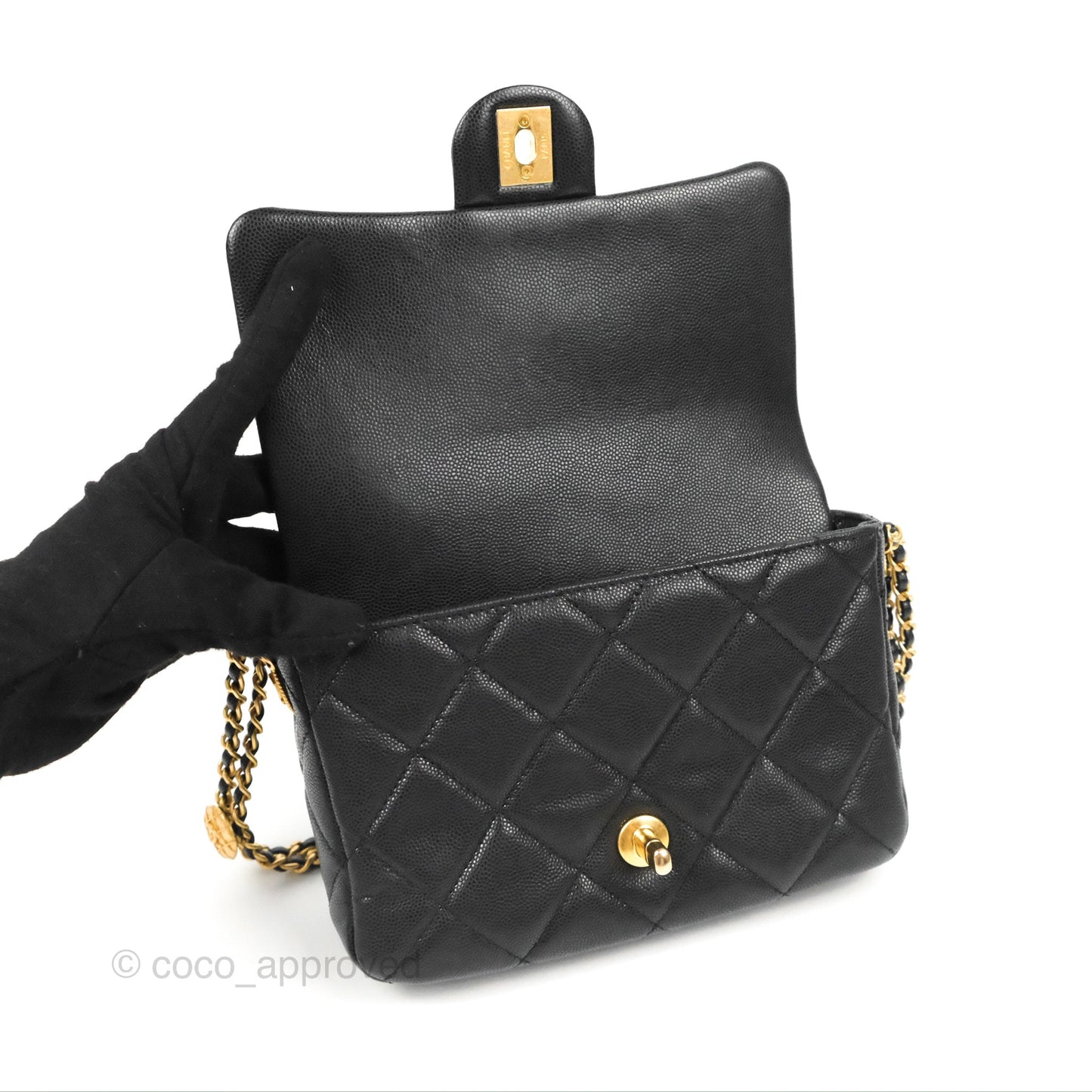 Chanel Small Flap with Coin Charm Black Caviar Aged Gold Hardware 22A