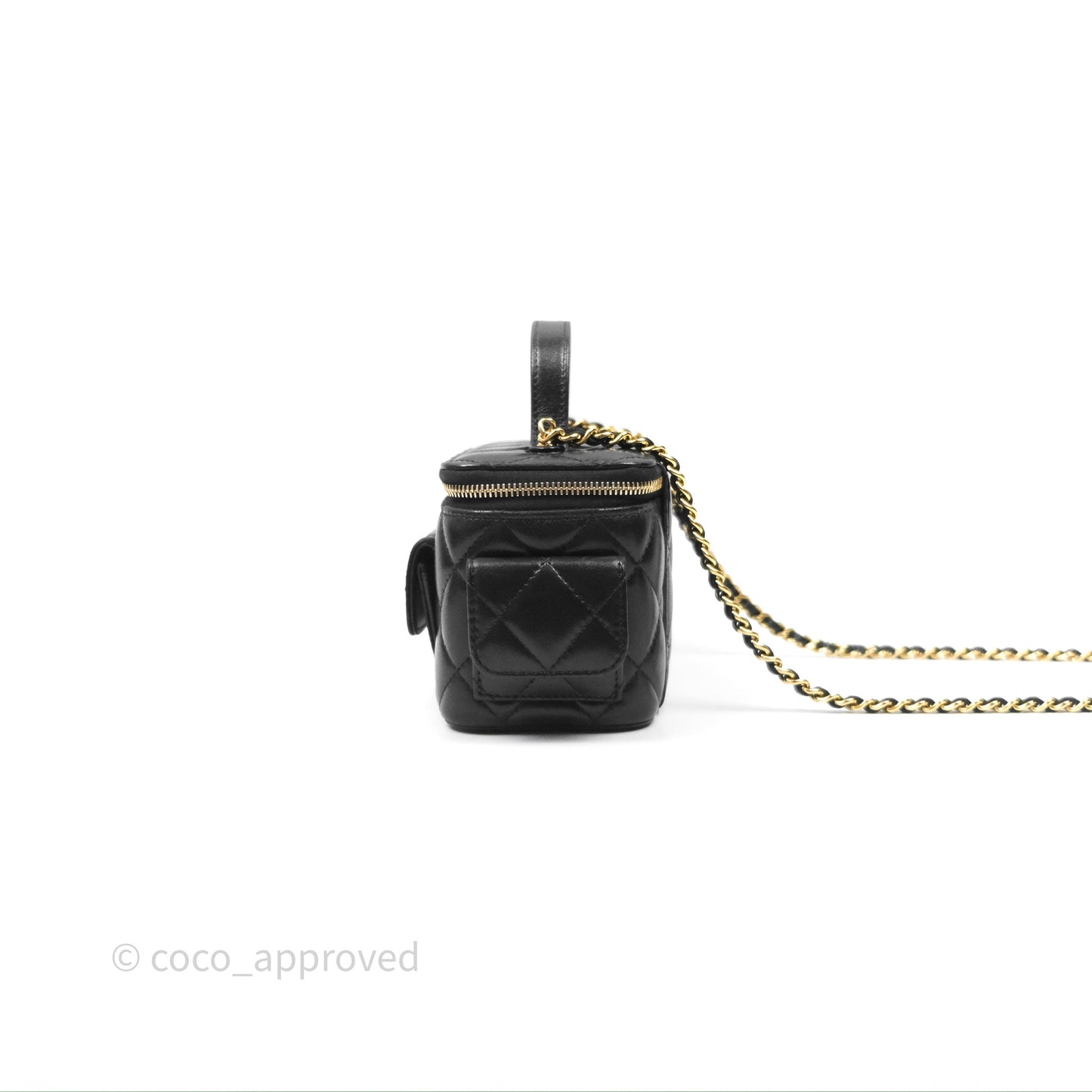 Chanel Cargo Pocket Top Handle Vanity with Chain Black Shiny Lambskin Gold Hardware 22K