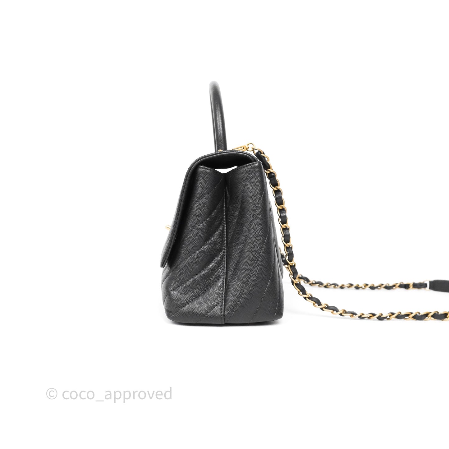 Chanel Medium Coco Handle Chevron Dark Grey Caviar Aged Gold Hardware