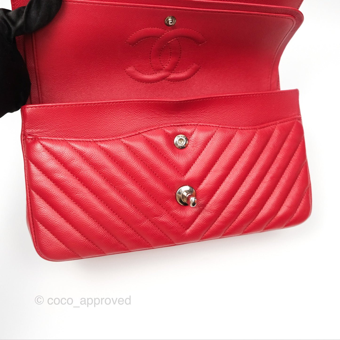 Chanel Medium Classic Flap Chevron Red Caviar Silver Hardware