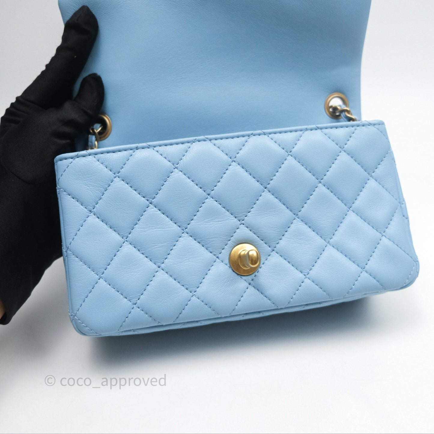 Chanel Mini Rectangular Pearl Crush Quilted Blue Lambskin Aged Gold Hardware