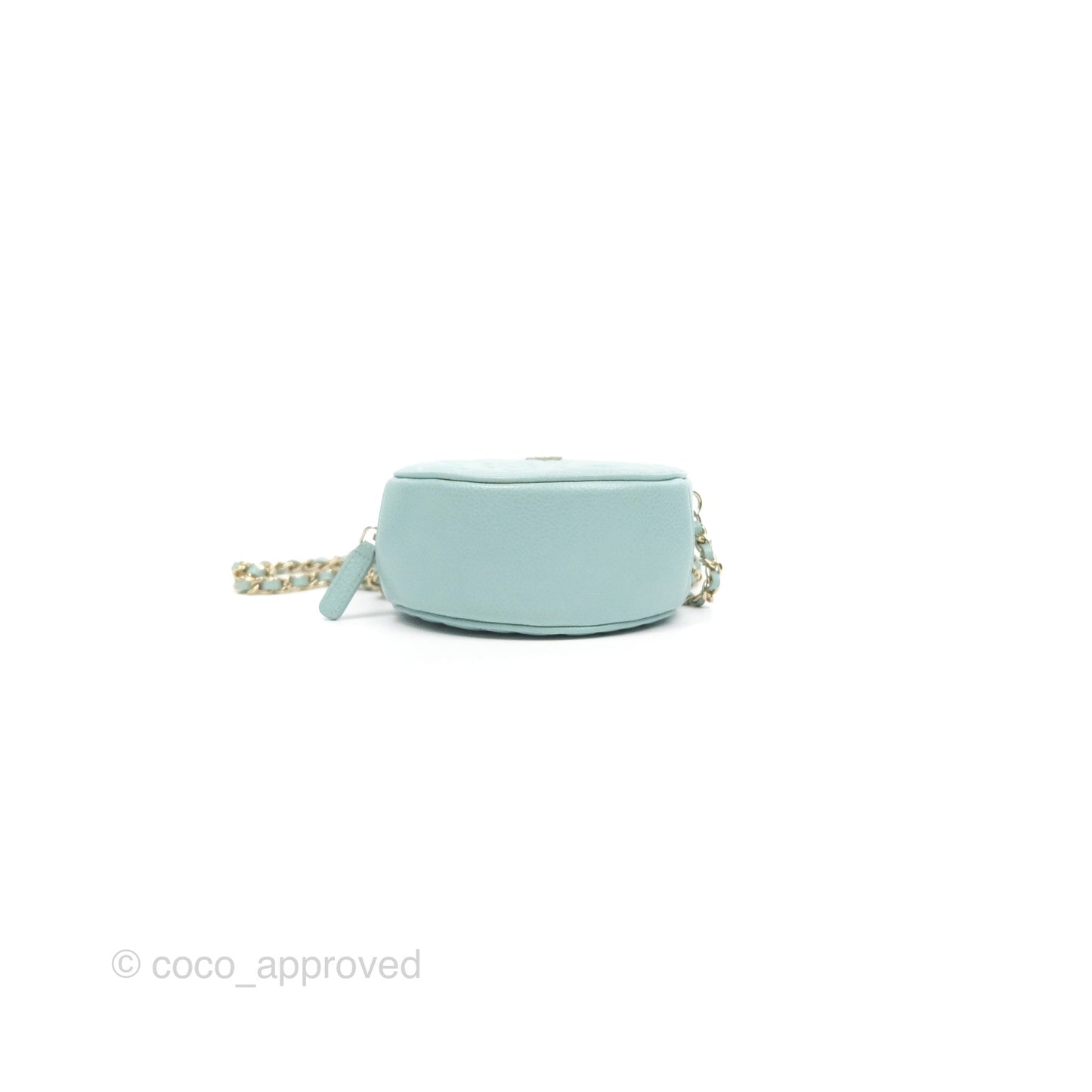 Chanel Camellia Embossed Round Clutch With Chain Light Tiffany Blue Caviar