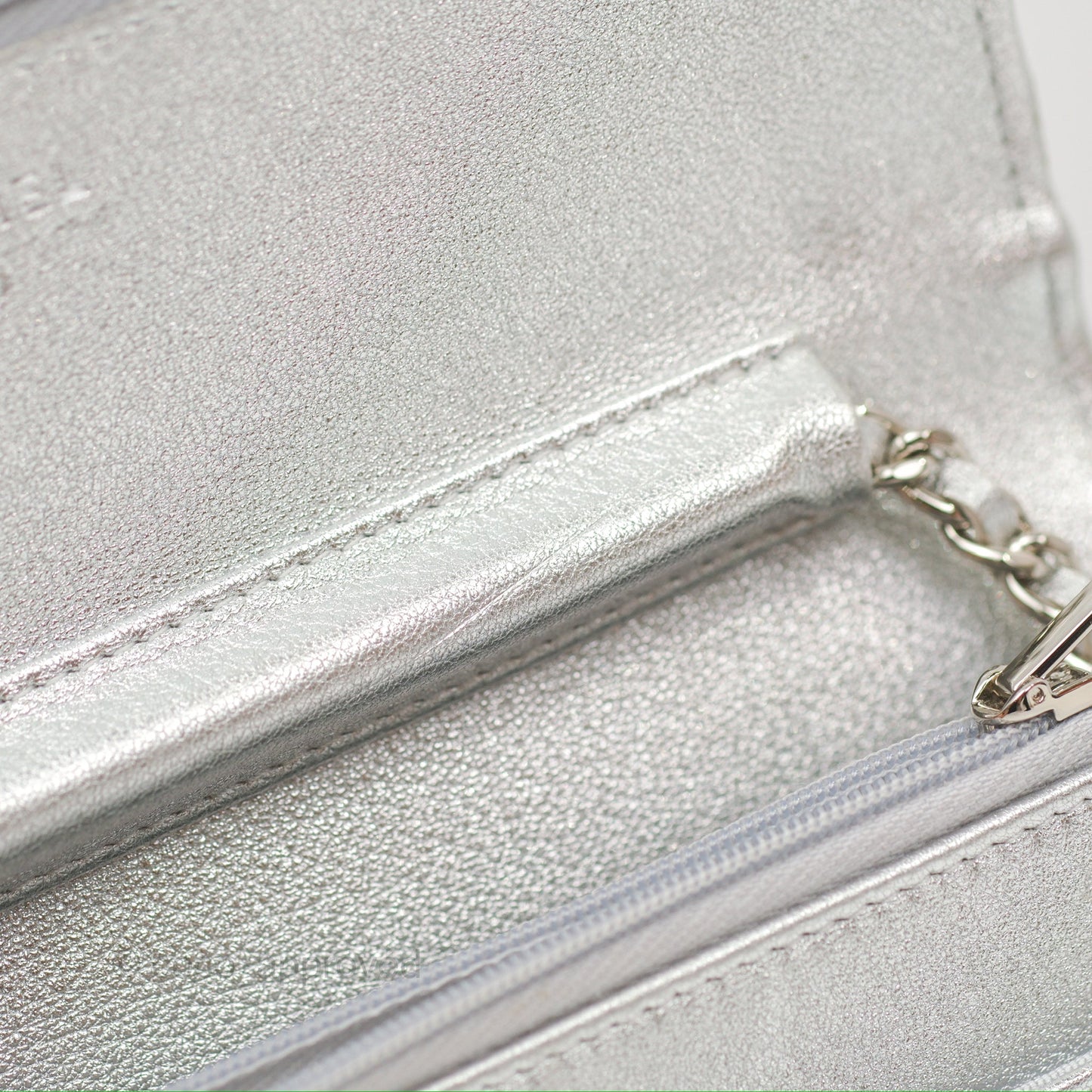 Chanel Quilted Wallet on Chain WOC Iridescent Silver Grained Lambskin Silver Hardware