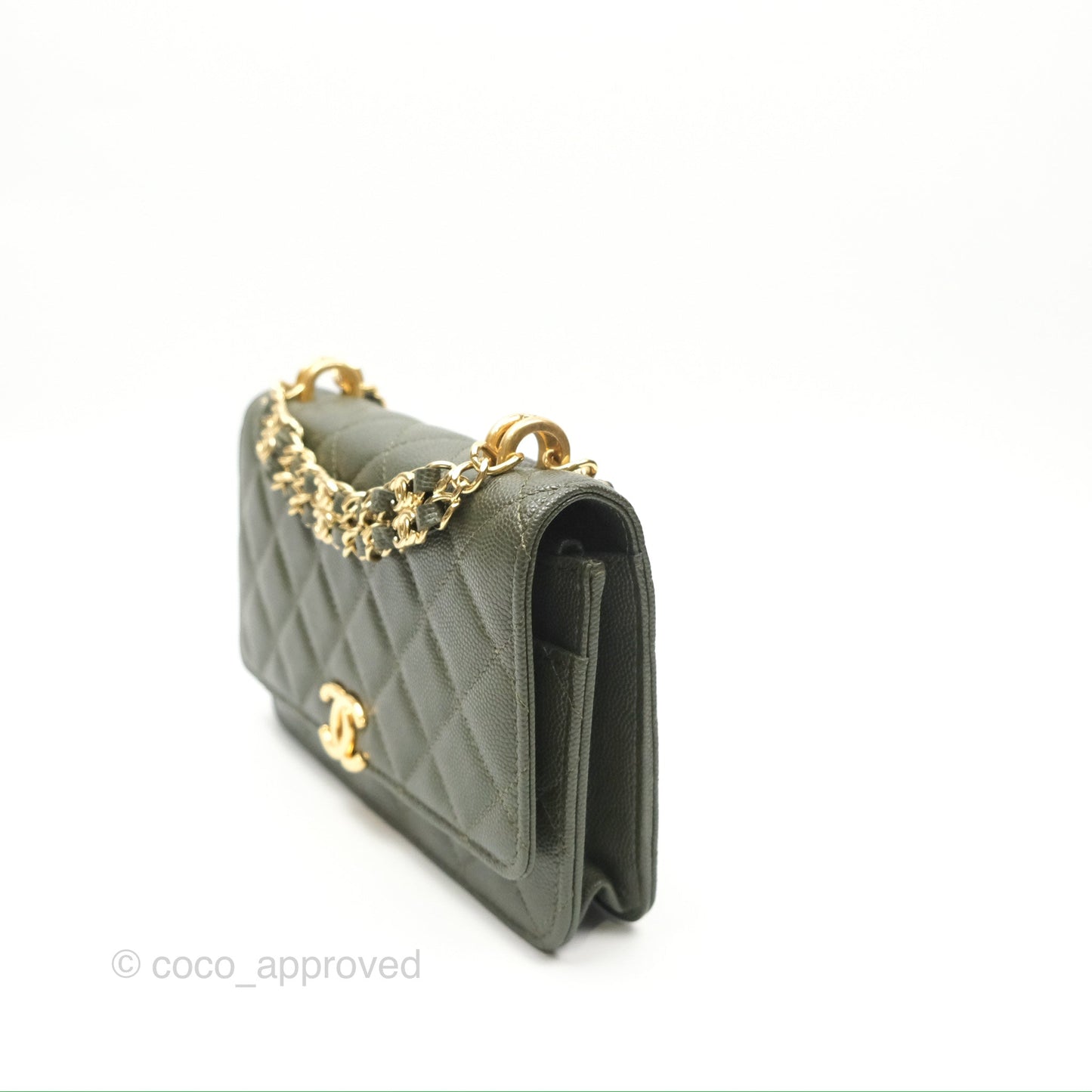 Chanel Coco First Wallet On Chain WOC Dark Olive Green Caviar Gold Hardware 22K