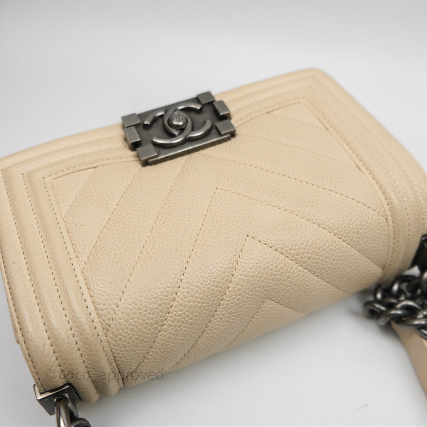 Chanel Small Boy Chevron Beige Caviar Ruthenium Hardware