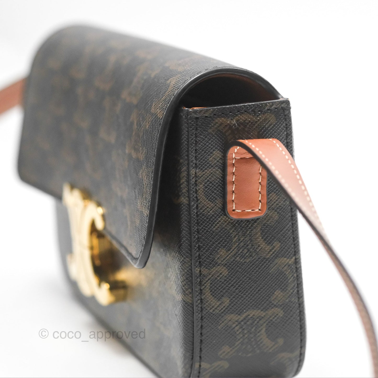 Celine Triomphe Shoulder Bag Tan Calfskin Triomphe Canvas