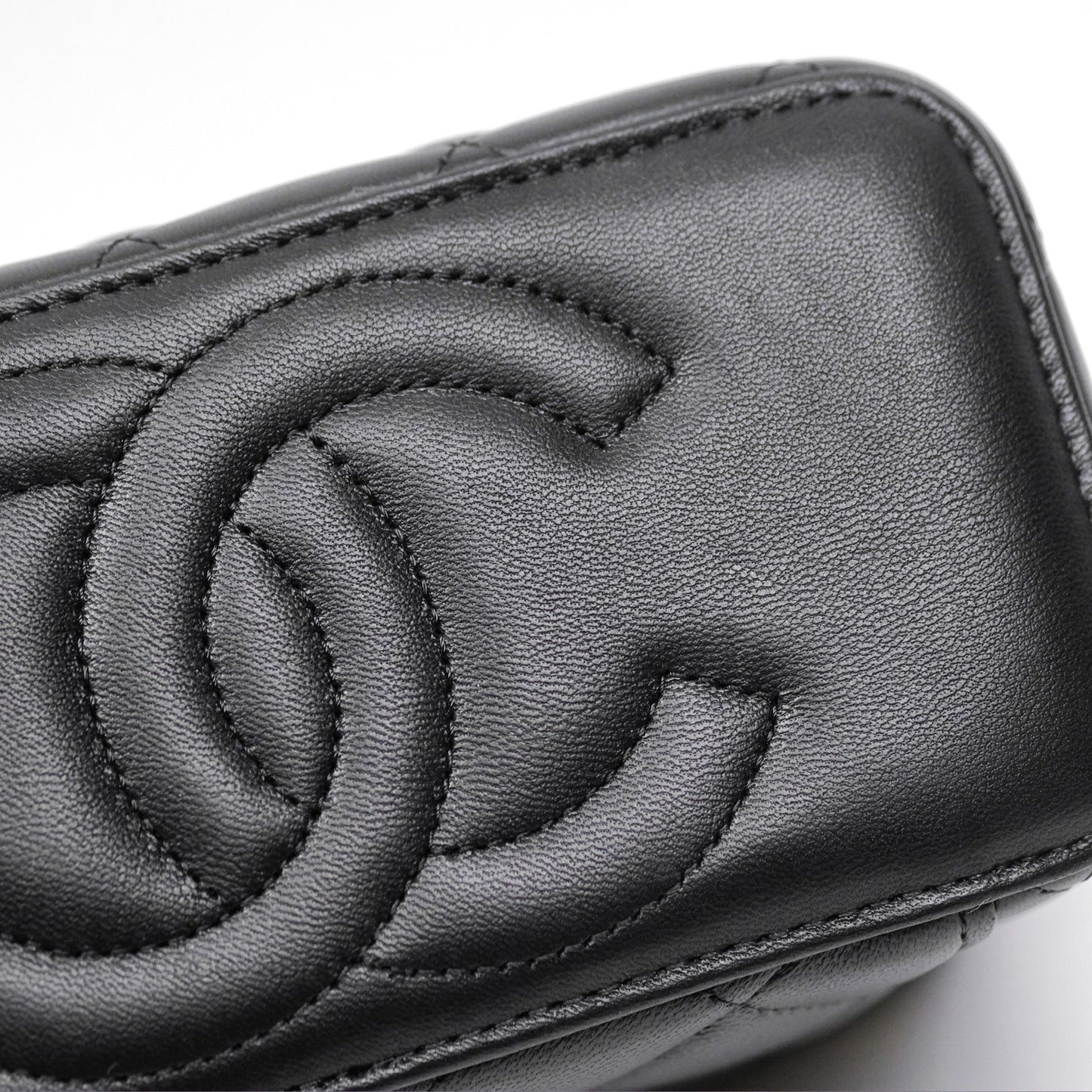 Chanel Quilted Vanity Rectangular with Camellia Adjustable Chain Black Lambskin 23S