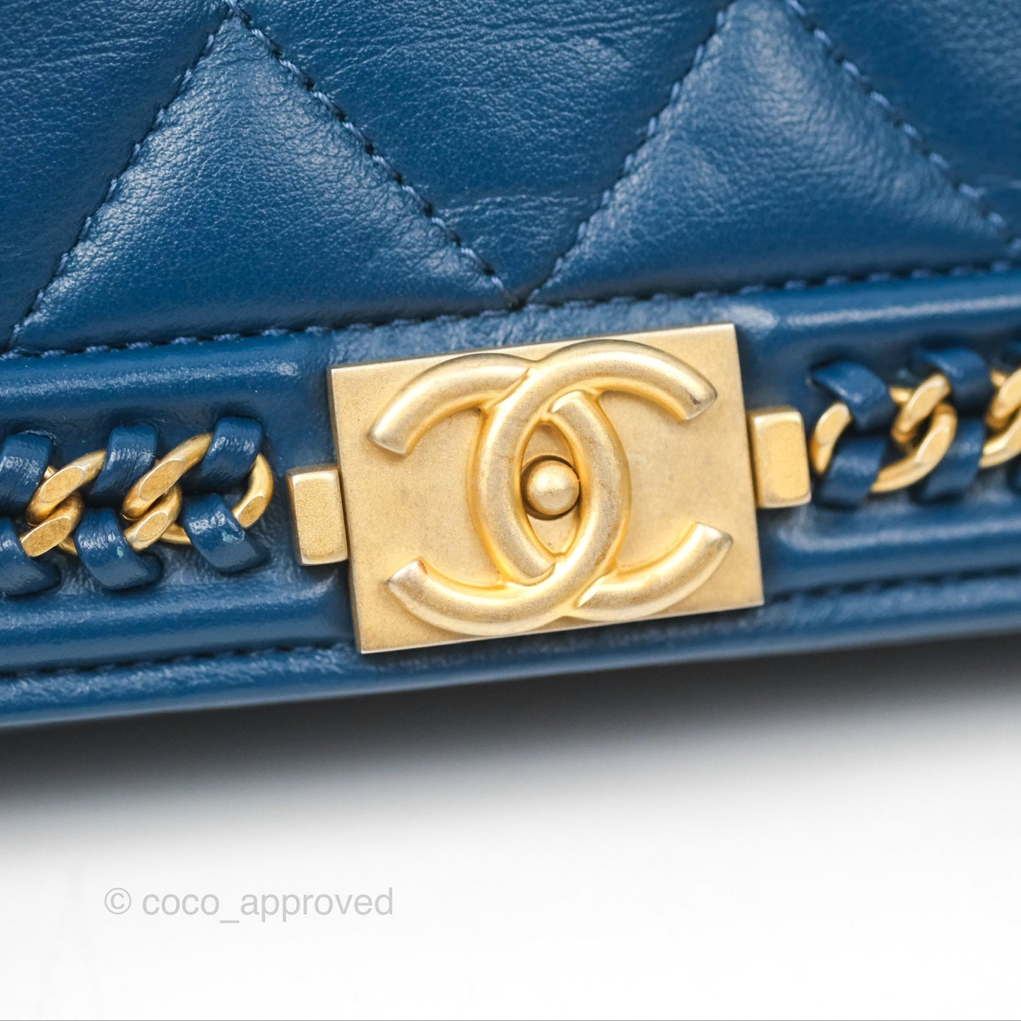 Chanel Quilted Boy Wallet on Chain WOC Blue Calfskin Aged Gold Hardware
