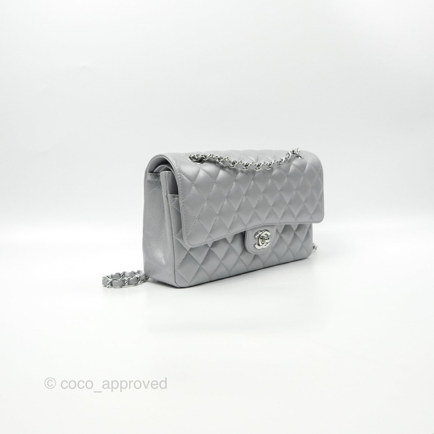 Chanel Classic M/L Medium Flap Quilted Pearly Silver Silver Hardware 23P