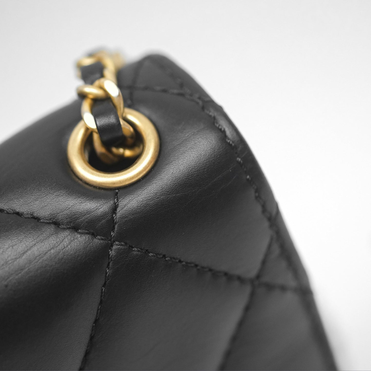 Chanel Quilted Side Chain Flap Bag Black Calfskin Aged Gold Hardware
