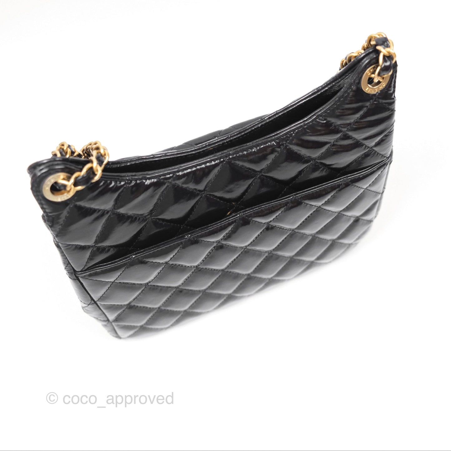 Chanel Medium Quilted Wavy CC Hobo Black Patent Aged Gold Hardware