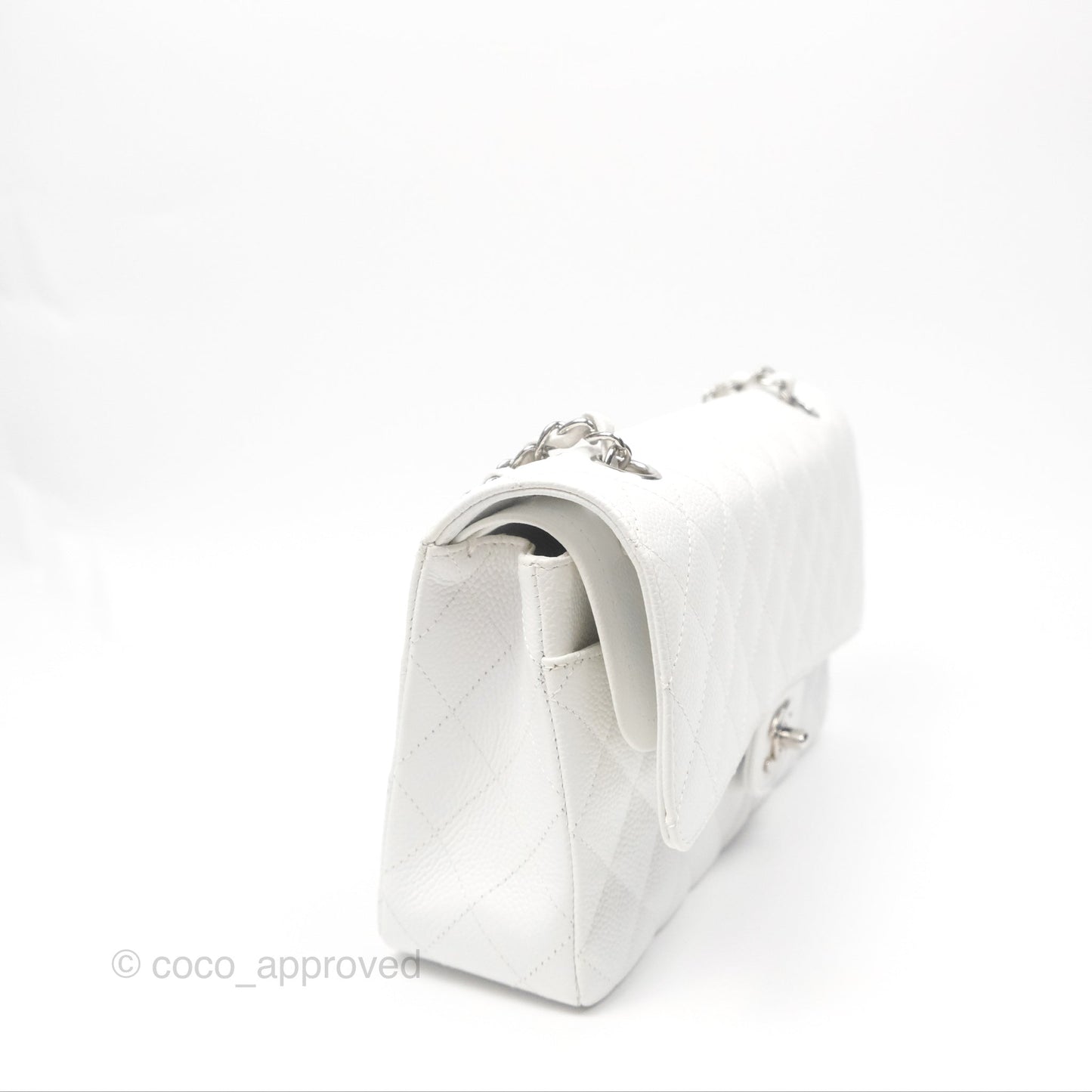 Chanel Classic M/L Medium Flap Quilted White Caviar Silver Hardware