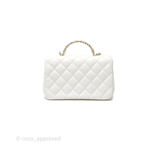 Chanel Crystals Top Handle Mini Rectangular Flap Bag White Lambskin Gold Hardware