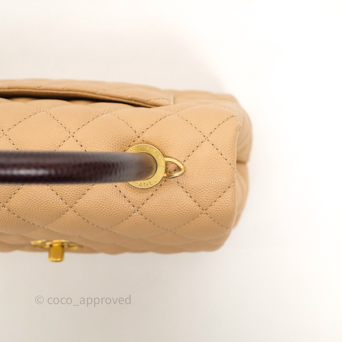Chanel Small Coco Handle Quilted Beige Caviar Gold Hardware Lizard Handle