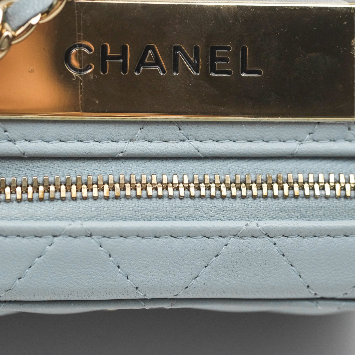 Chanel Mini Quilted Vanity Camera Case Light Blue Lambskin Gold Hardware
