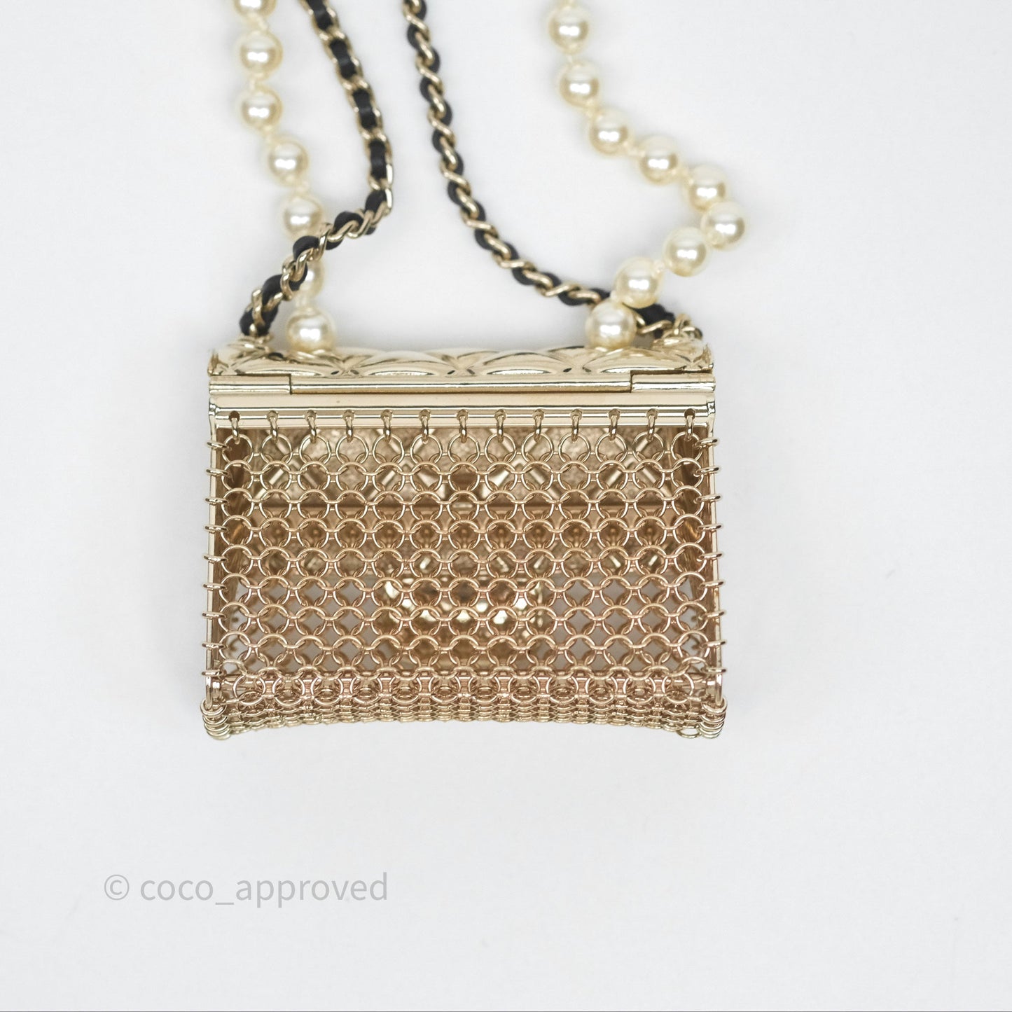 Chanel Flap Bag Charm Pearl Chain Black Leather Long Necklace Gold Tone 21S