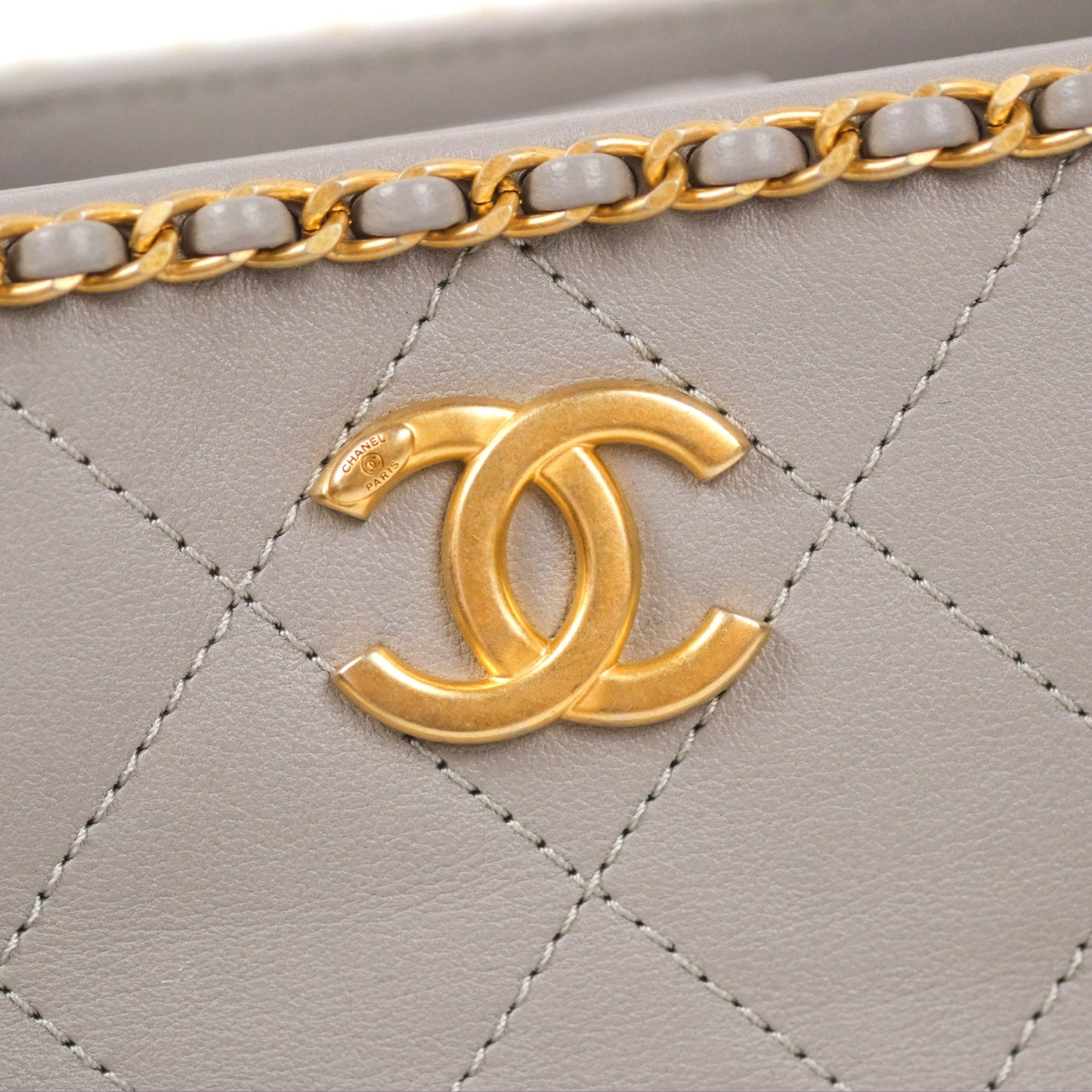 Chanel Small Chain Around Shopping Tote Grey Calfskin Aged Gold Hardware
