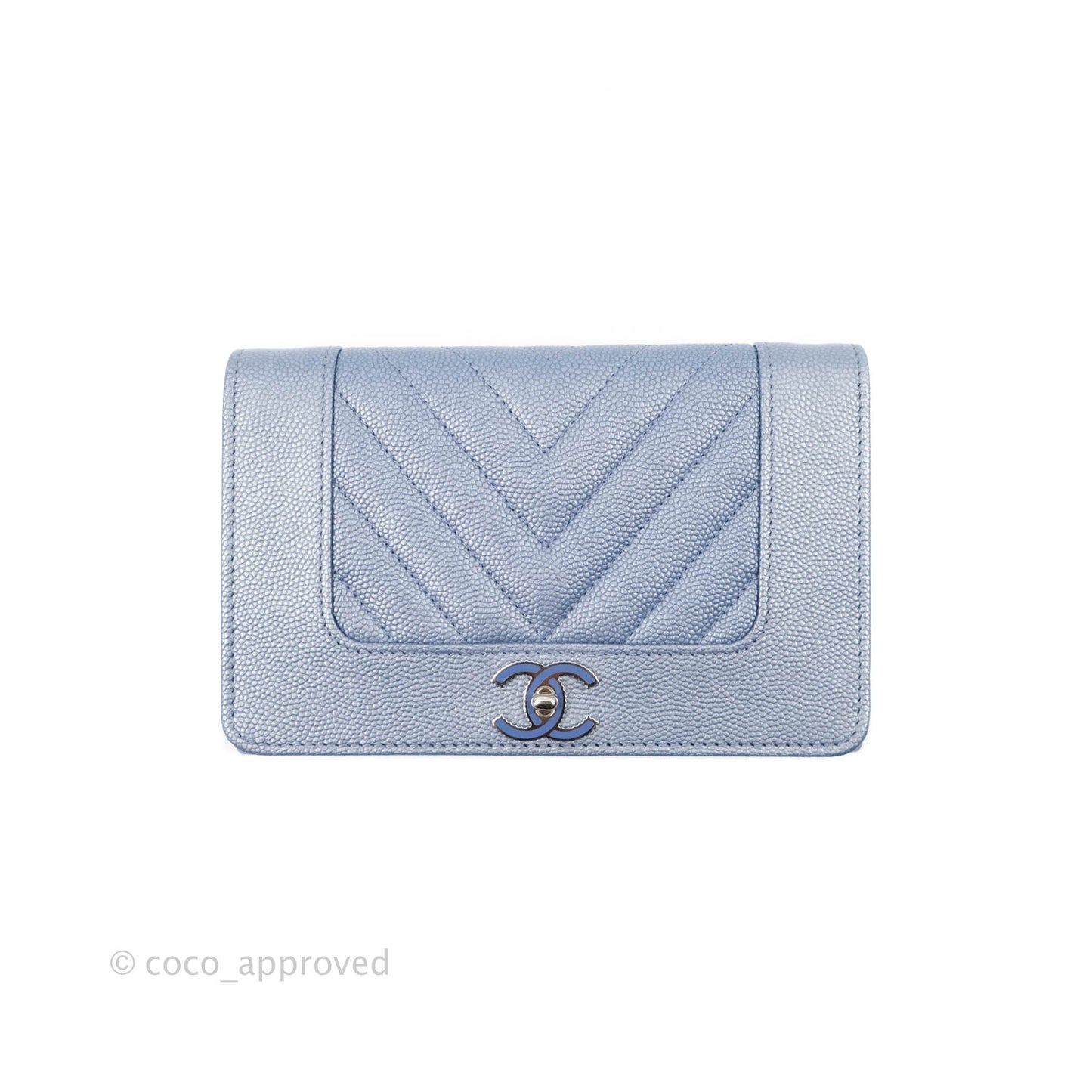 Chanel Chevron Mademoiselle Wallet Iridescent Blue Caviar Silver Hardware