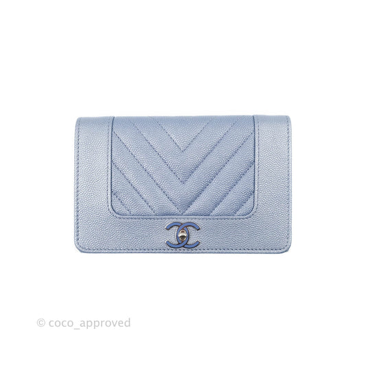 Chanel Chevron Mademoiselle Wallet Iridescent Blue Caviar Silver Hardware