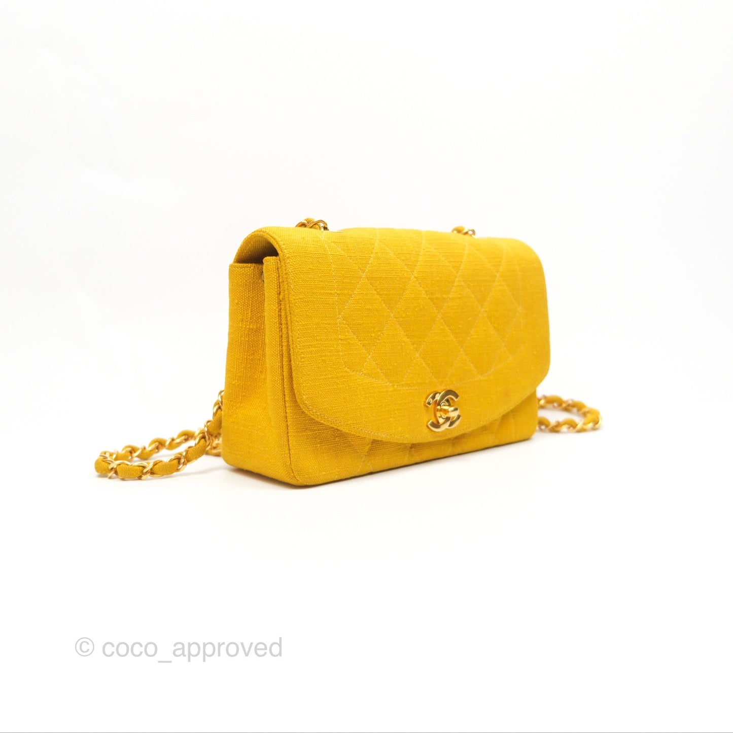 Chanel Vintage Small Classic Diana Flap Bag Yellow Linen Fabric 24K Gold Hardware