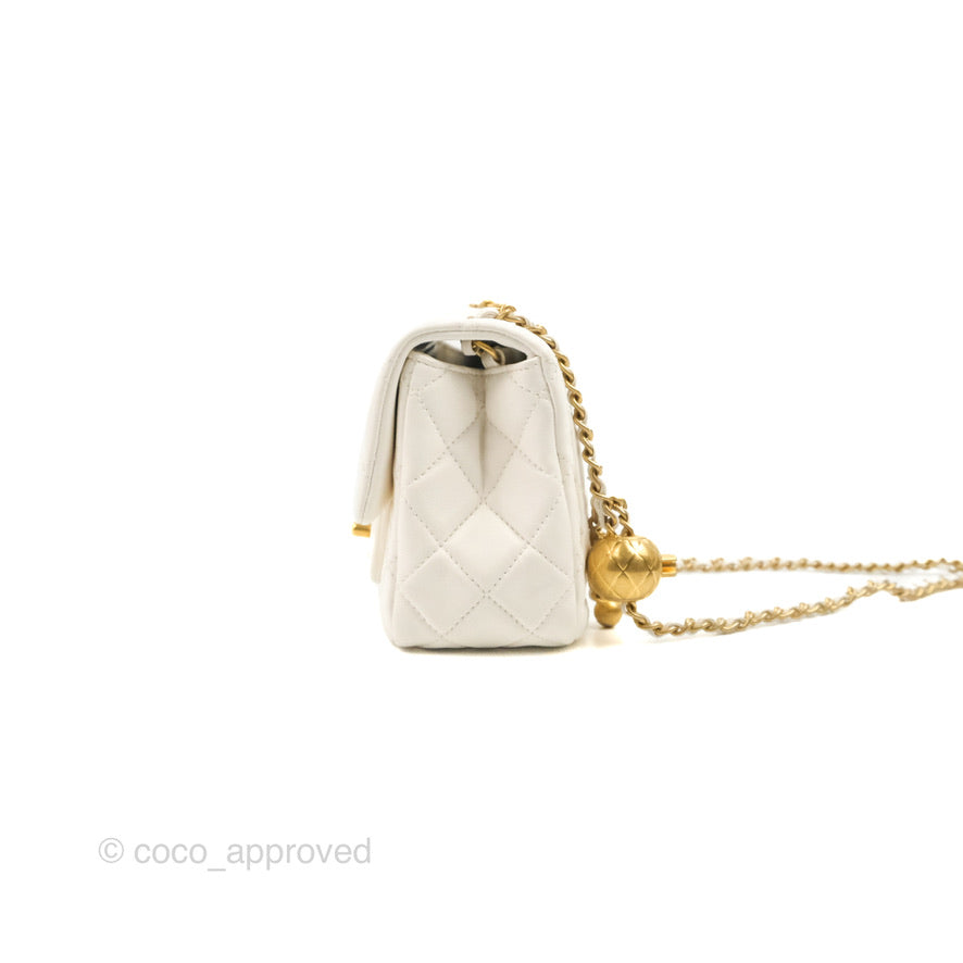 Chanel Mini Square Pearl Crush Quilted White Lambskin Aged Gold Hardware