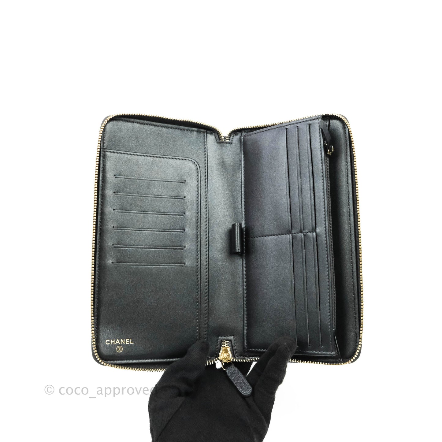Chanel Quilted Zip Around Travel Wallet Iridescent Black Caviar Gold Hardware 19S
