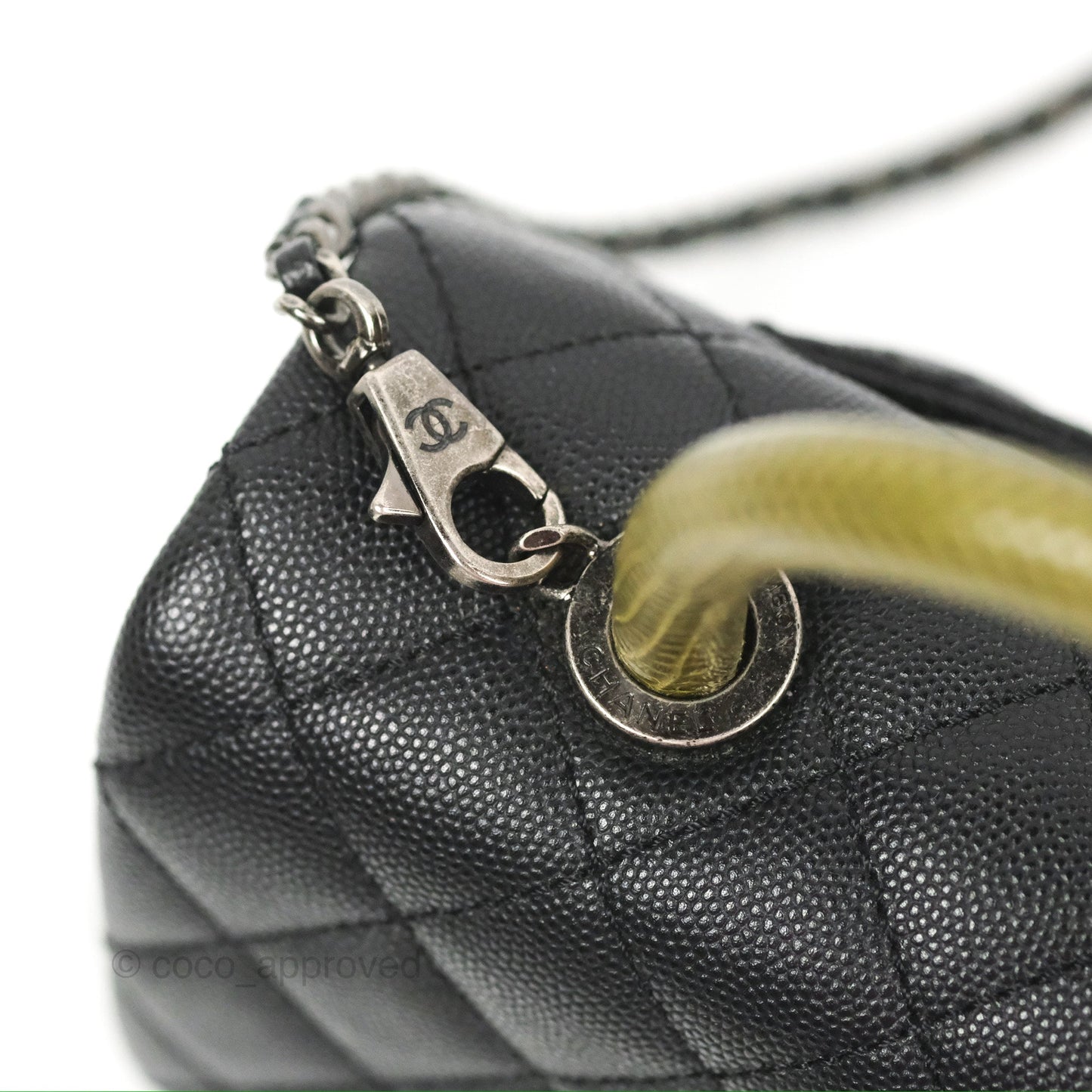 Chanel Small Coco Handle Quilted Black Caviar Ruthenium Hardware Olive Lizard Handle