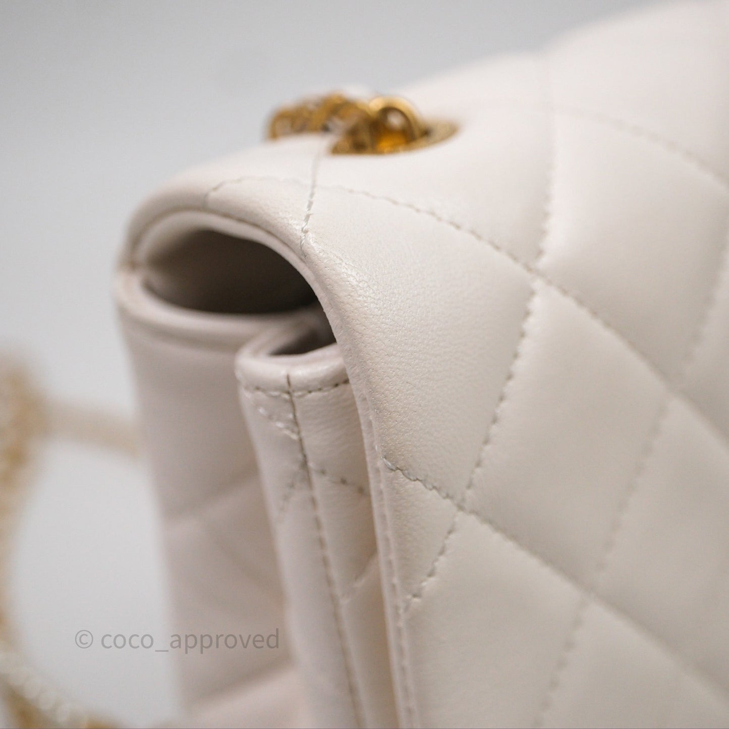 Chanel Flap Bag with Pearl Chain Ivory White Aged Gold Hardware 25P