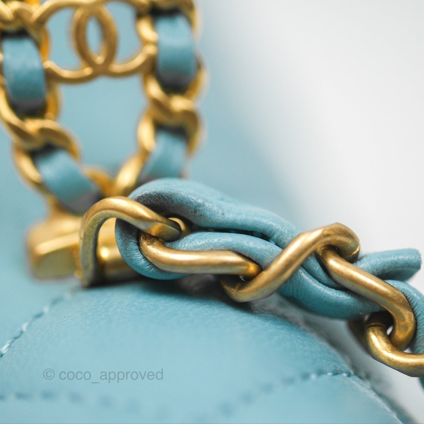 Chanel Flap Bag with Crystal Logo Top Handle Tiffany Blue Lambskin Aged Gold Hardware