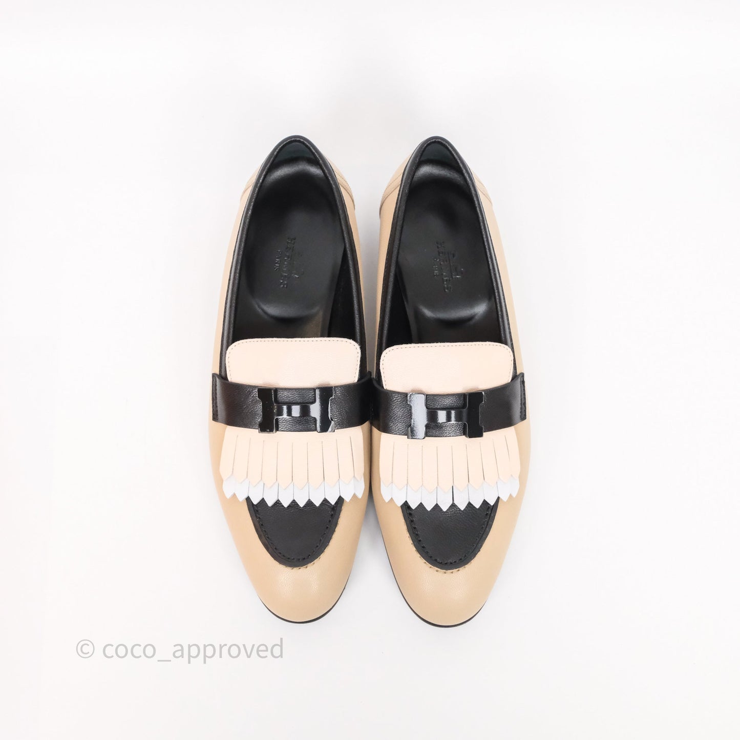 Hermès Royal Loafers Beige Calfskin Black/White Accents Size 37.5