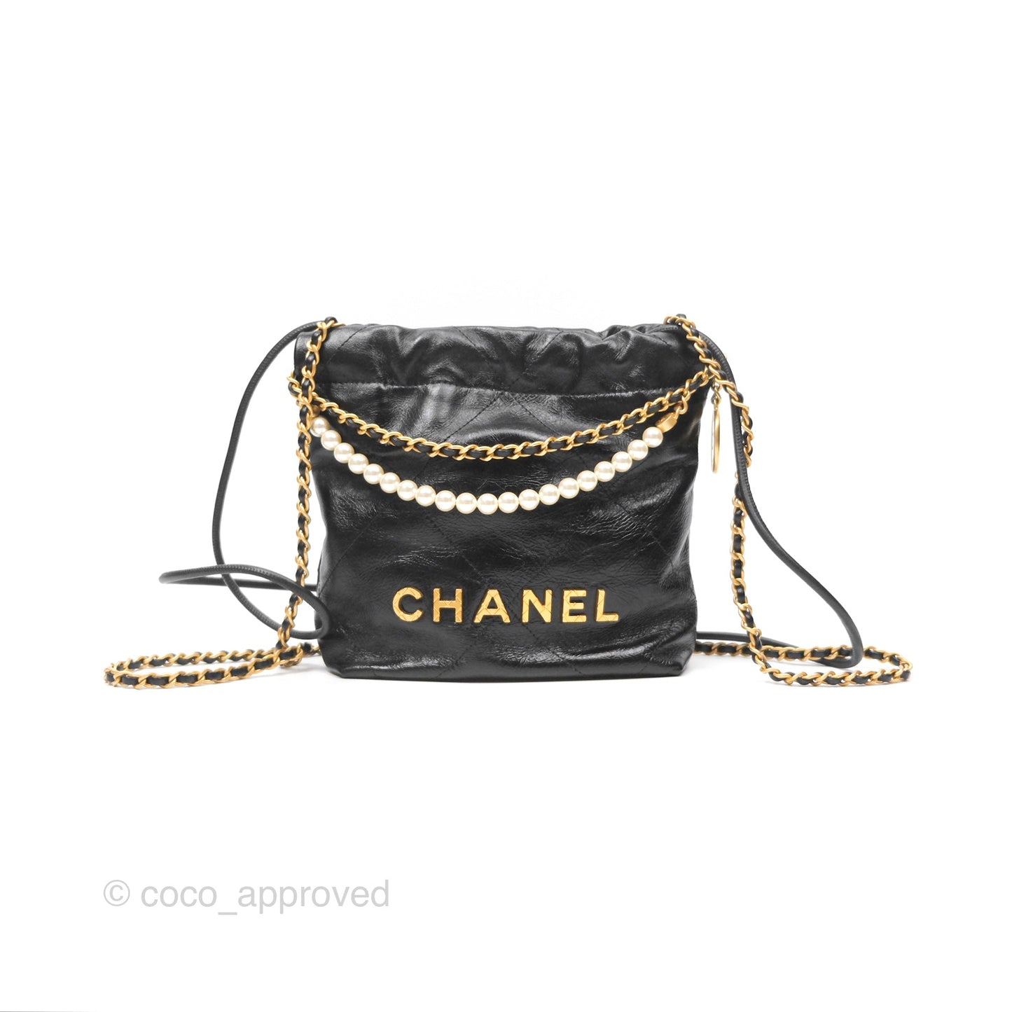 Chanel 22 Quilted Logo Mini Bag with Pearl Chain Black Shiny Crumpled Calfskin